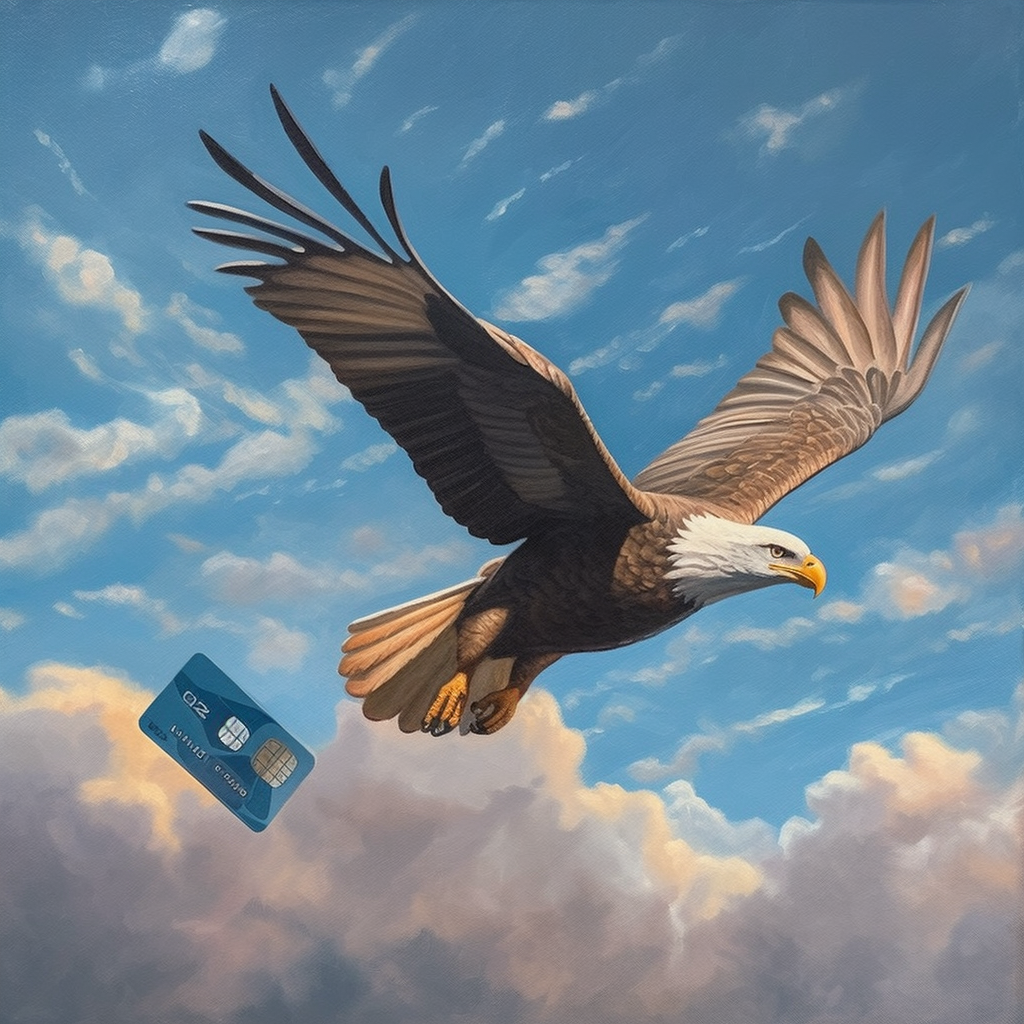 An Eagle flying over a Credit card in the clouds. 